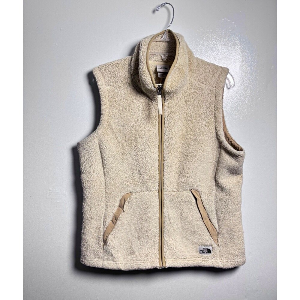 The North Face Women’s Beige Full Zip Collared Vest Pockets Logo Size L